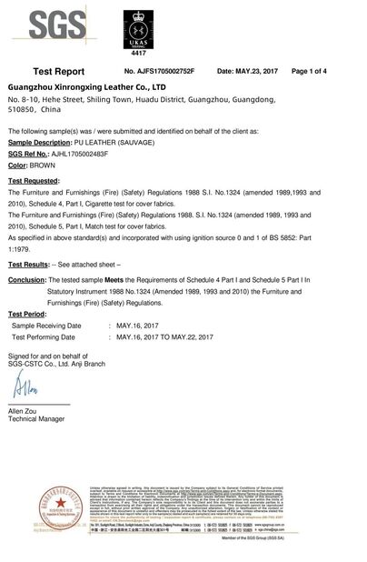 Китай Guangzhou Xinrongxing Leather Co., Ltd. Сертификаты